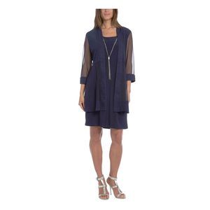 R&M RICHARDS PETITE Womens Navy 3/4 Sleeve Open Front Cardigan Petites 14P